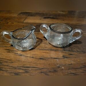 Vintage Etched Glass Cream & Sugar Set. Sterling Silver Rim
